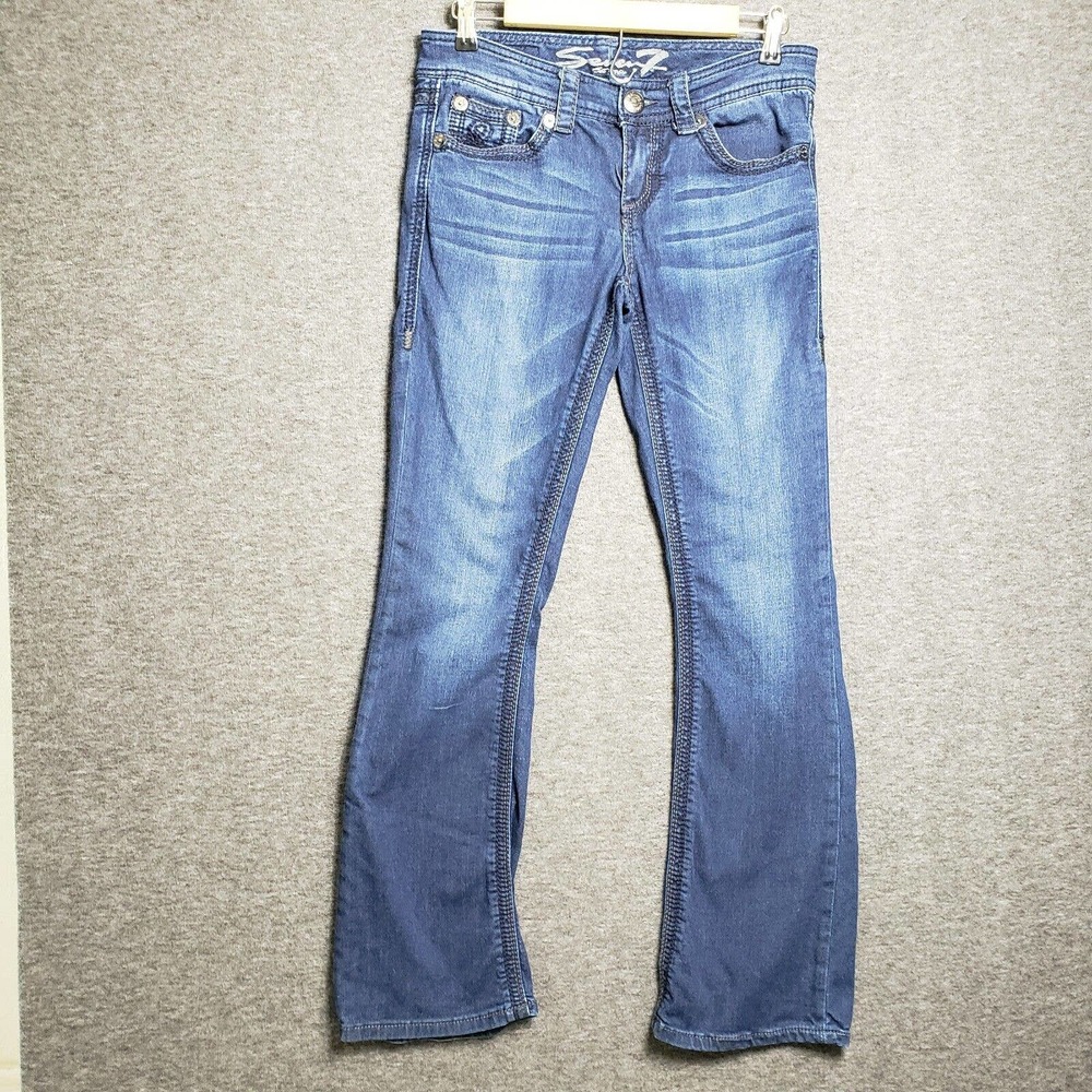 Seven7 Bootcut Denim Jeans Womens Size 6 Blue Low Rise Embroidered Distressed